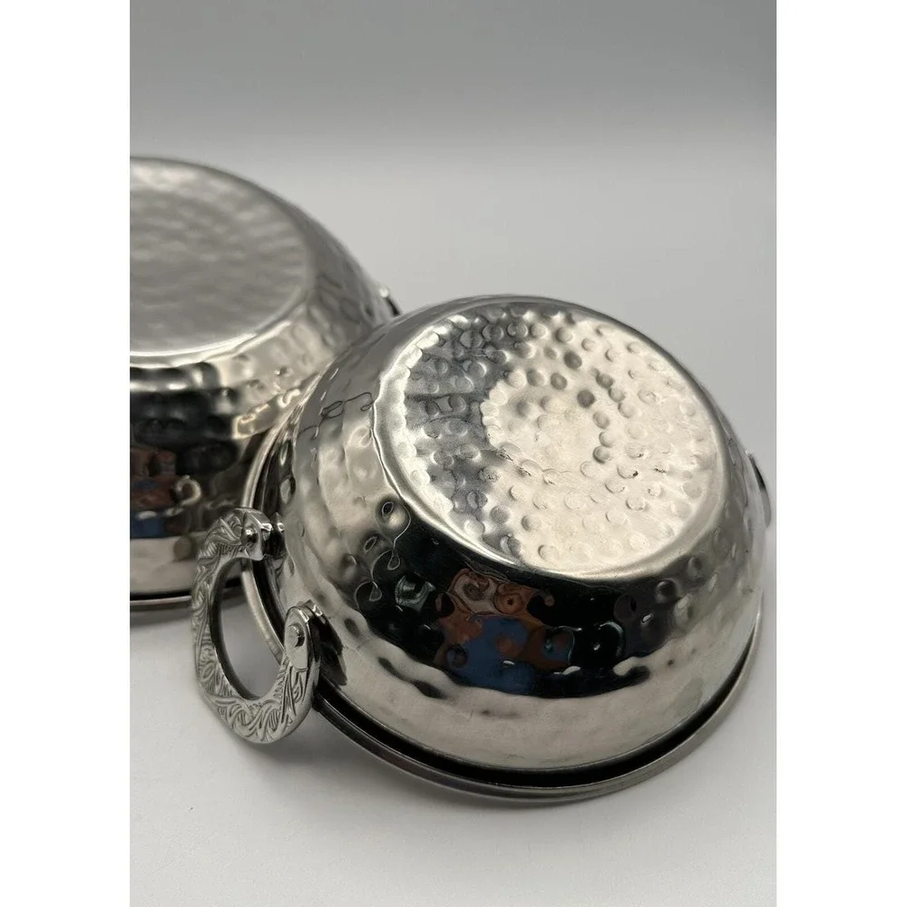 Pair of Hammered Metal Bowls — Ornate Engraved Handles, Vintage Decorative Bowls